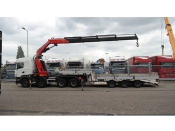 Tracteur routier Scania R 480 8X4 IN COMBI WITH LIMOGES OPEN TRAILER FOR CAR AND MACHINE TRANSPORT WITH FASSI F 800 XP CRANE: photos 1