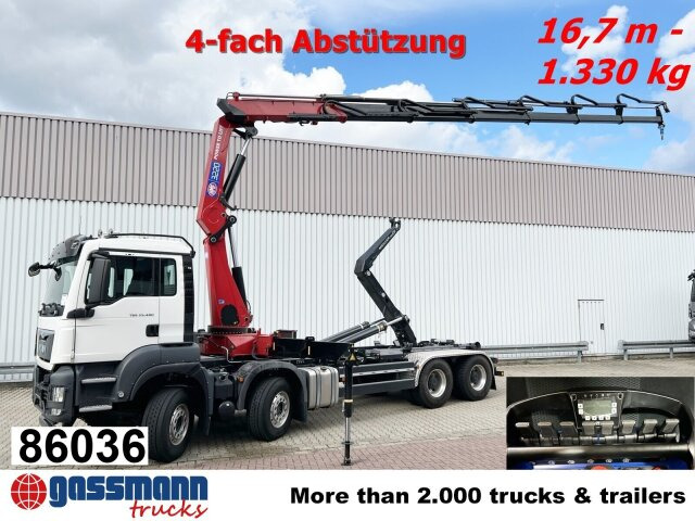 MAN TGS 35.480 8X4 BL, Intarder, Kran HMF 3220-K6, - Camion ampliroll, Camion grue: photos 1 MAN TGS 35.480 8X4 BL, Intarder, Kran HMF 3220-K6, - Camion ampliroll, Camion grue: photos 1