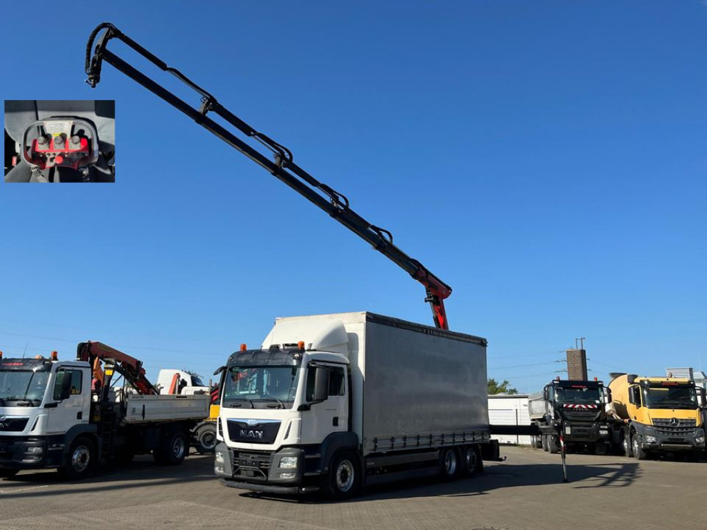 MAN MAN TG-S Pritsche Heckkran 26.400 6x2-2 BL 5xhydr.Ausschub, Funk - Camion à rideaux coulissants, Camion grue: photos 1 MAN MAN TG-S Pritsche Heckkran 26.400 6x2-2 BL 5xhydr.Ausschub, Funk - Camion à rideaux coulissants, Camion grue: photos 1