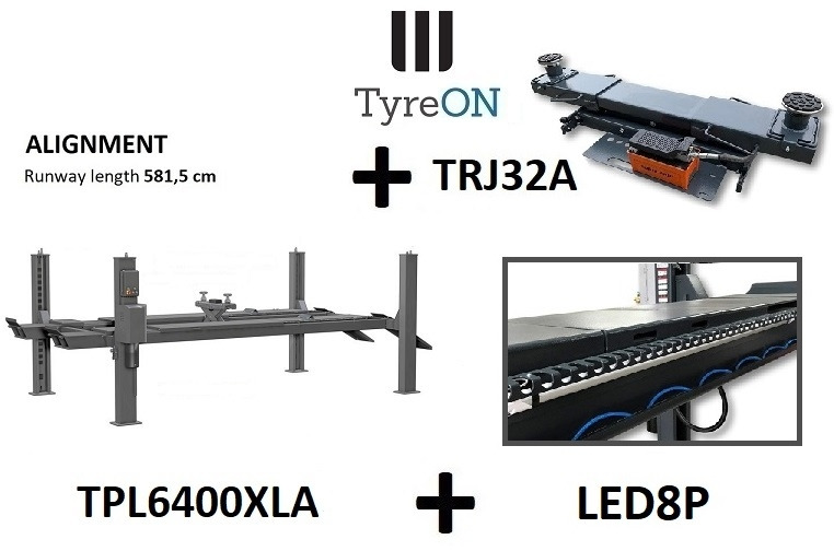 Équipement de garage TPL6400XLA 4 post alignment lift 6400kg 5815mm + TRJ32A 3.2T air hydraulic axle jack + LED8P runway lights: photos 1