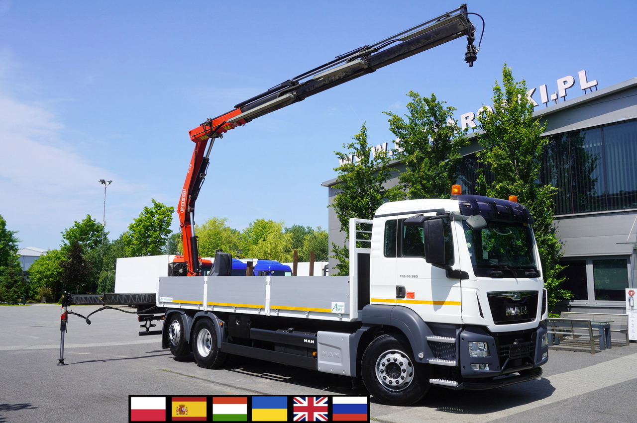MAN TGS 26.360 Flatbed / Fassi F175 7.7 T / steered 3rd axle - Camion plateau, Camion grue: photos 1 MAN TGS 26.360 Flatbed / Fassi F175 7.7 T / steered 3rd axle - Camion plateau, Camion grue: photos 1