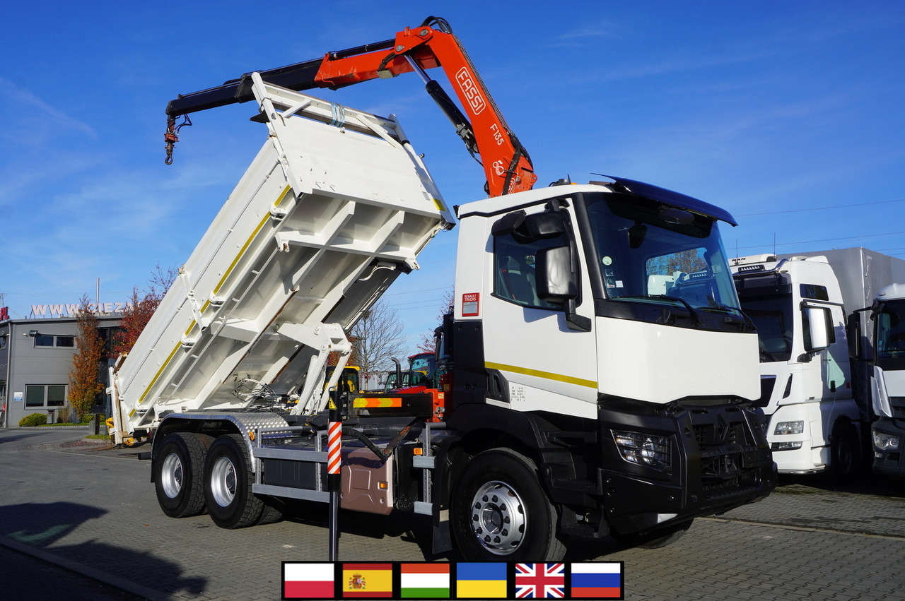 RENAULT C380 E6 6×4 / HDS Fassi F135 2700 MTH / Range 8 m / 5.6 t lifting capacity / 3-side tipper / Bortmatic - Camion benne, Camion grue: photos 1 RENAULT C380 E6 6×4 / HDS Fassi F135 2700 MTH / Range 8 m / 5.6 t lifting capacity / 3-side tipper / Bortmatic - Camion benne, Camion grue: photos 1