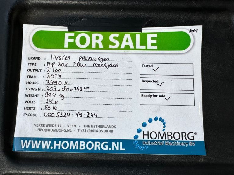 Transpalette Hyster MP20X FBW 2 ton Palletwagen Elektra Pallettruck Meerijder: photos 17