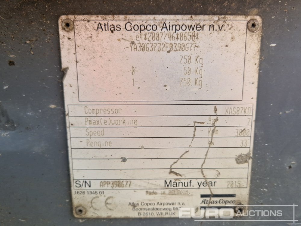Compresseur d'air 2015 Atlas Copco XAS87KD 176CFM: photos 12